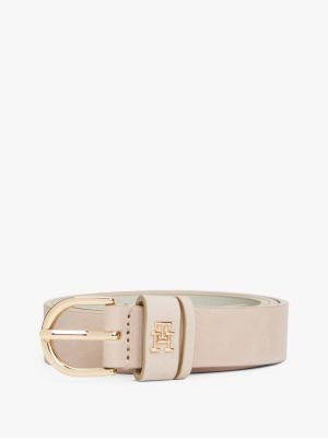 beige essential leren riem met th-monogram voor dames - tommy hilfiger