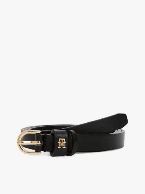 black essential leren riem met th-monogram voor dames - tommy hilfiger