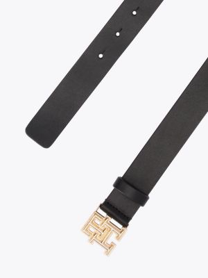 black th monogram buckle leather belt for women tommy hilfiger