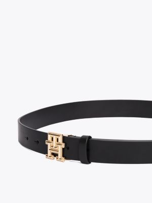 black th monogram buckle leather belt for women tommy hilfiger