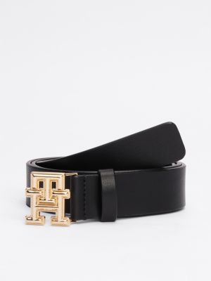 black th monogram buckle leather belt for women tommy hilfiger