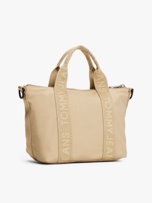 beige essential crossbody-tote mit logomuster für damen - tommy jeans