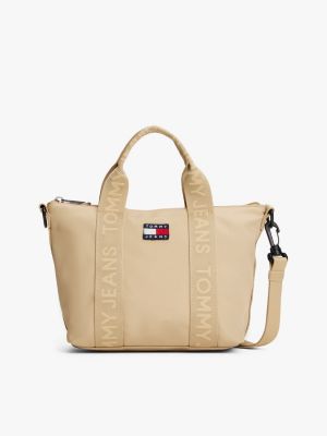 beige essential crossbody-tote mit logomuster für damen - tommy jeans