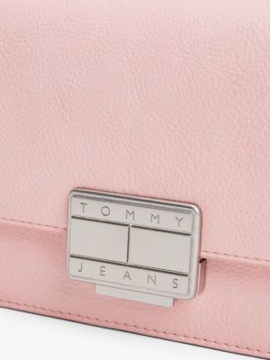 pink logo plaque flap crossbody bag for women tommy jeans