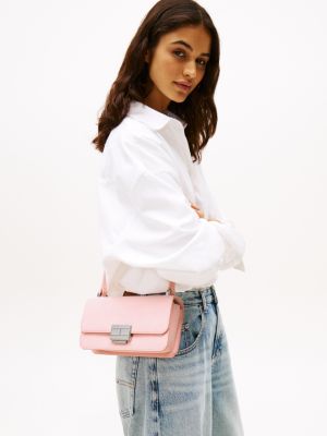 pink logo plaque flap crossbody bag for women tommy jeans