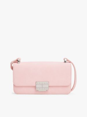 pink logo plaque flap crossbody bag for women tommy jeans