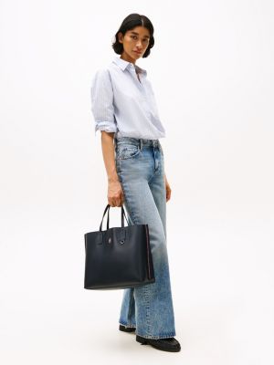 satchel con finiture iconiche e monogramma th blu da donne tommy hilfiger