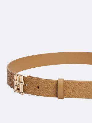 brown th monogram debossed leather belt for women tommy hilfiger