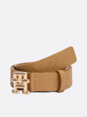 brown th monogram debossed leather belt for women tommy hilfiger