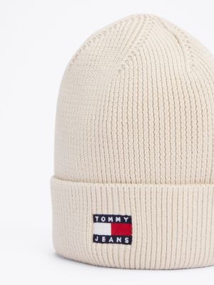 white heritage logo rib-knit beanie for women tommy jeans