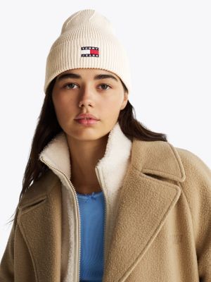 white heritage logo rib-knit beanie for women tommy jeans