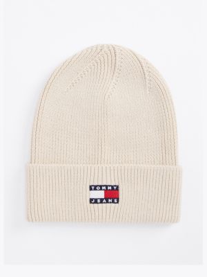 white heritage ribgebreide beanie met logo voor dames - tommy jeans