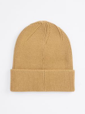 beige heritage logo rib-knit beanie for women tommy jeans