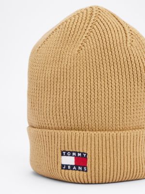 beige heritage logo rib-knit beanie for women tommy jeans