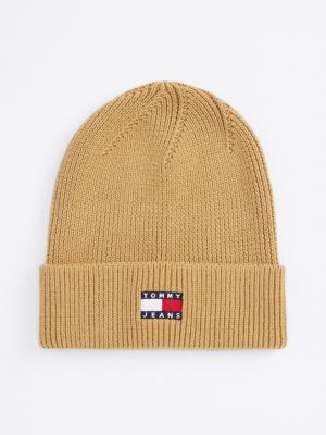 beige heritage ribgebreide beanie met logo voor dames - tommy jeans