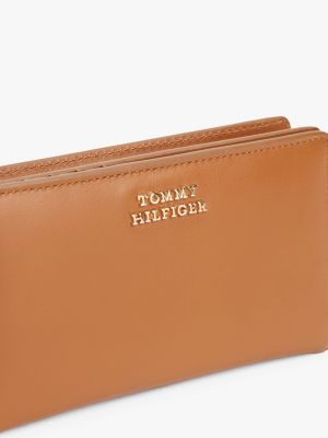 brown metal logo leather wallet for women tommy hilfiger