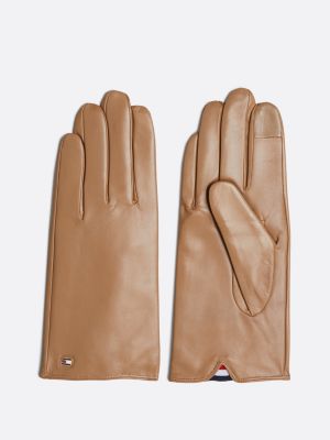 guanti essential in pelle con bandierina beige da donne tommy hilfiger