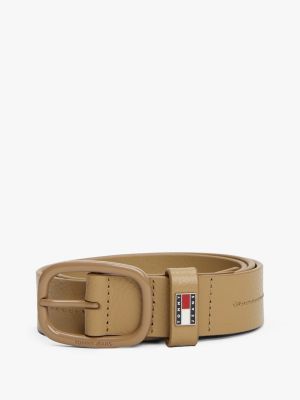 cintura in pelle con placchetta iconica beige da donne tommy jeans