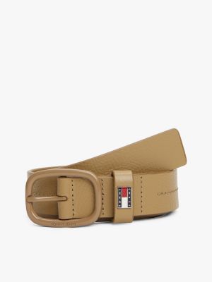 cintura in pelle con placchetta iconica beige da donne tommy jeans