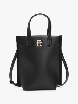 zwart telefoontasje met crossbodyband en monogram voor dames - tommy hilfiger