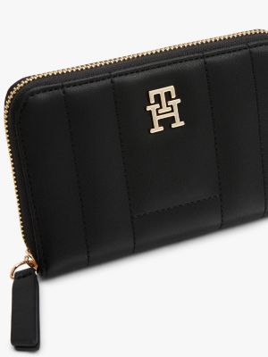 black th monogram flag quilted zip-around wallet for women tommy hilfiger