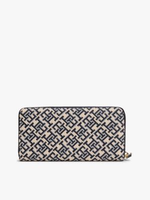blue th monogram jacquard zip-around wallet for women tommy hilfiger