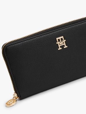 black th monogram plaque zip-around wallet for women tommy hilfiger
