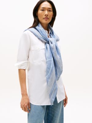 blue pure linen th monogram square scarf for women tommy hilfiger