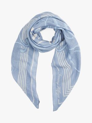 blue pure linen th monogram square scarf for women tommy hilfiger
