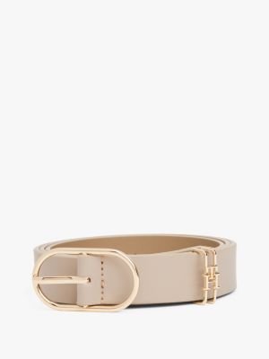 cinturón de piel con hebilla ovalada y monograma th beige de mujeres tommy hilfiger