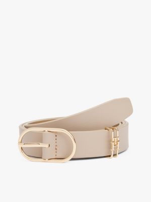 cinturón de piel con hebilla ovalada y monograma th beige de mujeres tommy hilfiger