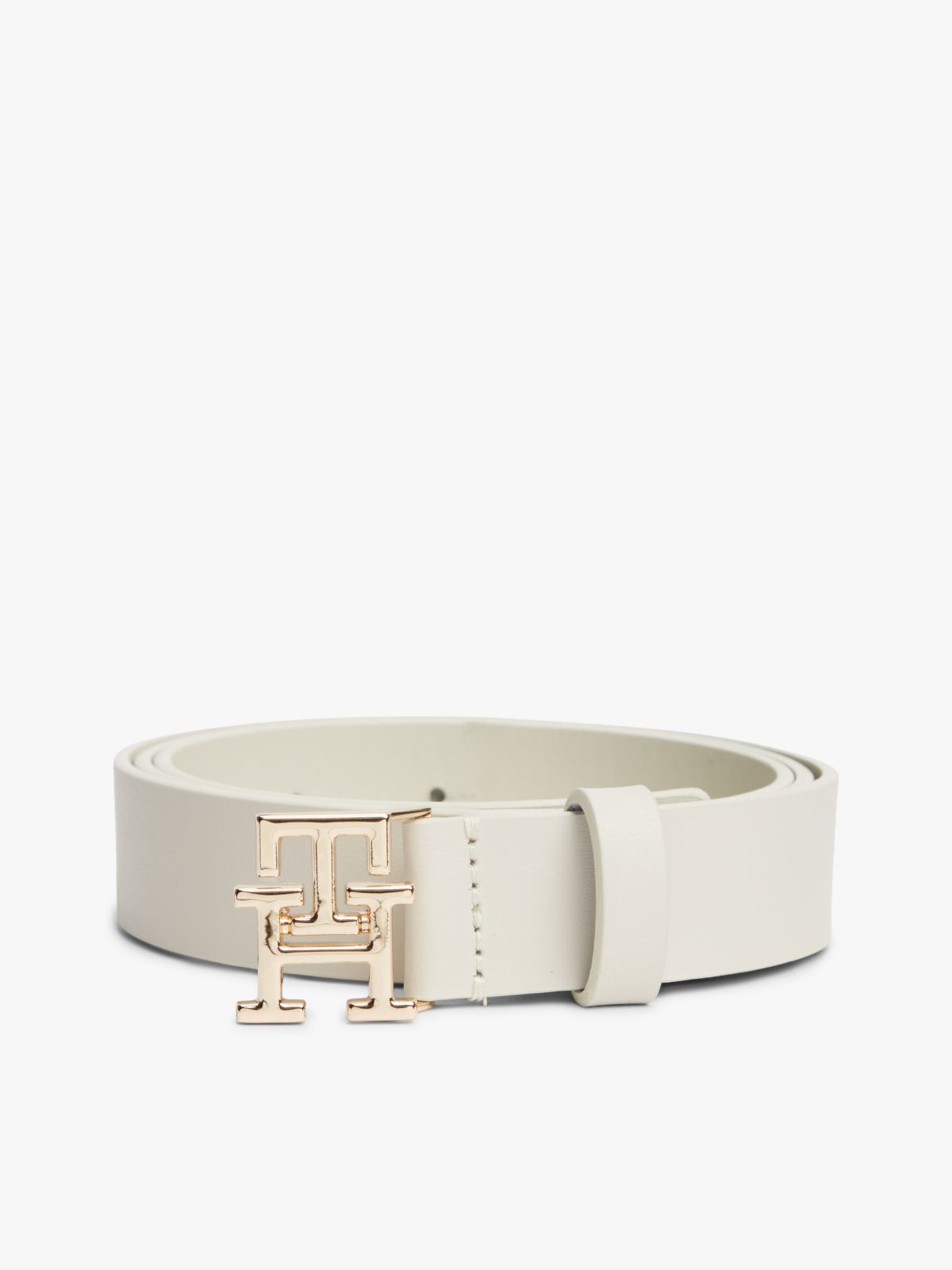 TH Monogram Leather Plaque Buckle Belt — Beige