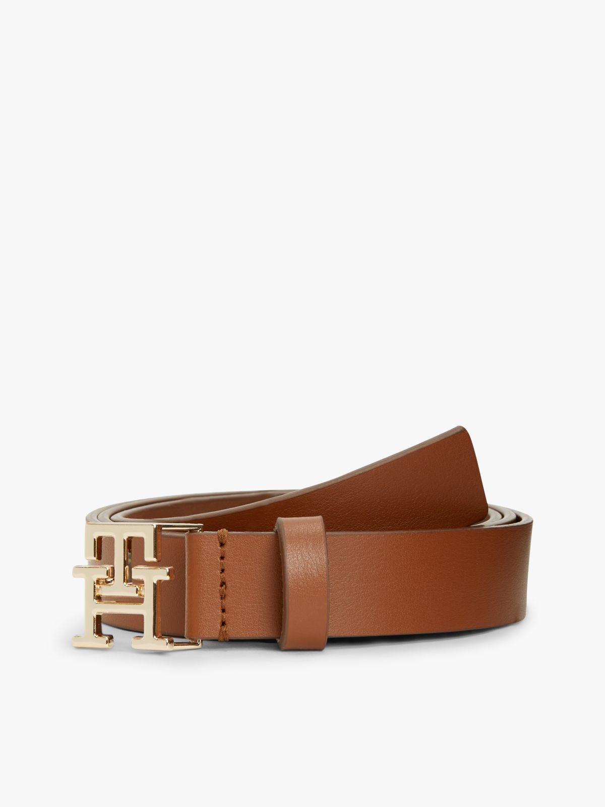 TH Monogram Leather Plaque Buckle Belt — Brown