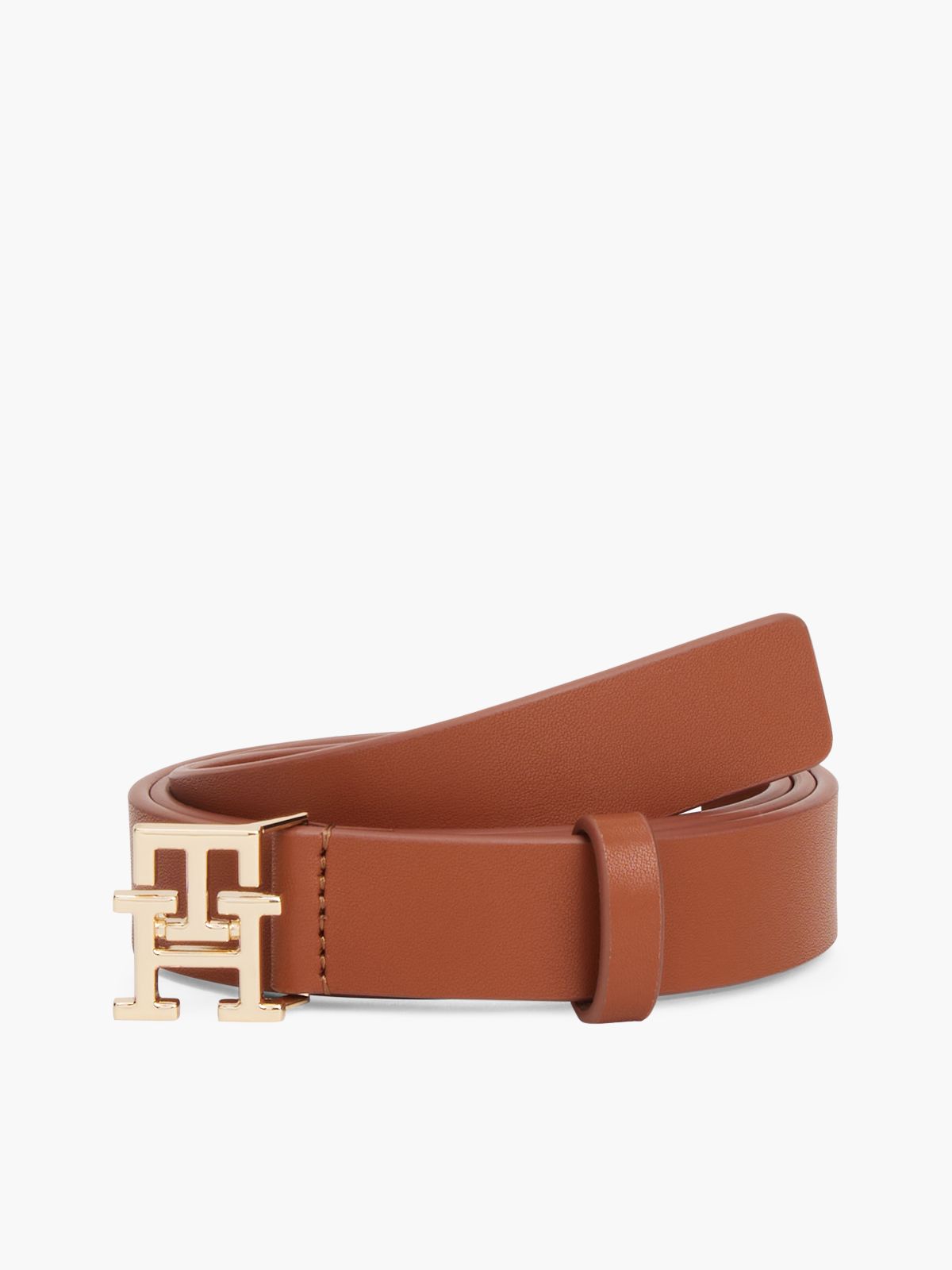 TH Monogram Leather Plaque Buckle Belt — Brown