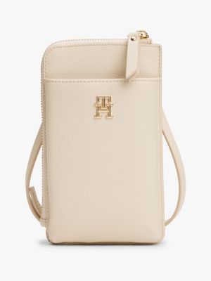 beige th monogram crossbody phone pouch for women tommy hilfiger