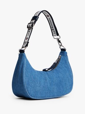 blue tommy girl denim-schultertasche mit anhängern für damen - tommy jeans