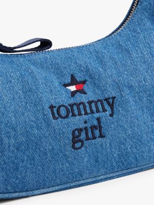 blau tommy girl denim-schultertasche mit anhängern für damen - tommy jeans
