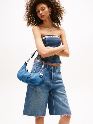 blau tommy girl denim-schultertasche mit anhängern für damen - tommy jeans