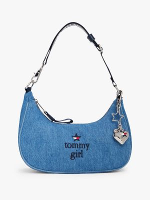 blue tommy girl denim-schultertasche mit anhängern für damen - tommy jeans