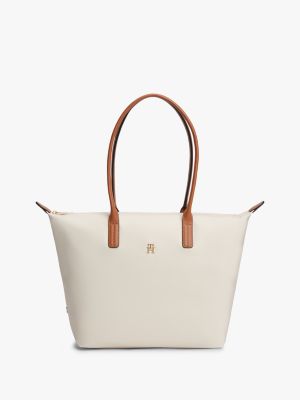 beige th monogram contrast handle tote bag for women tommy hilfiger