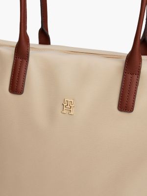 beige th monogram contrast handle tote bag for women tommy hilfiger