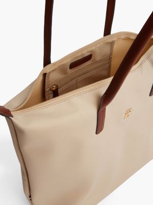 beige th monogram contrast handle tote bag for women tommy hilfiger