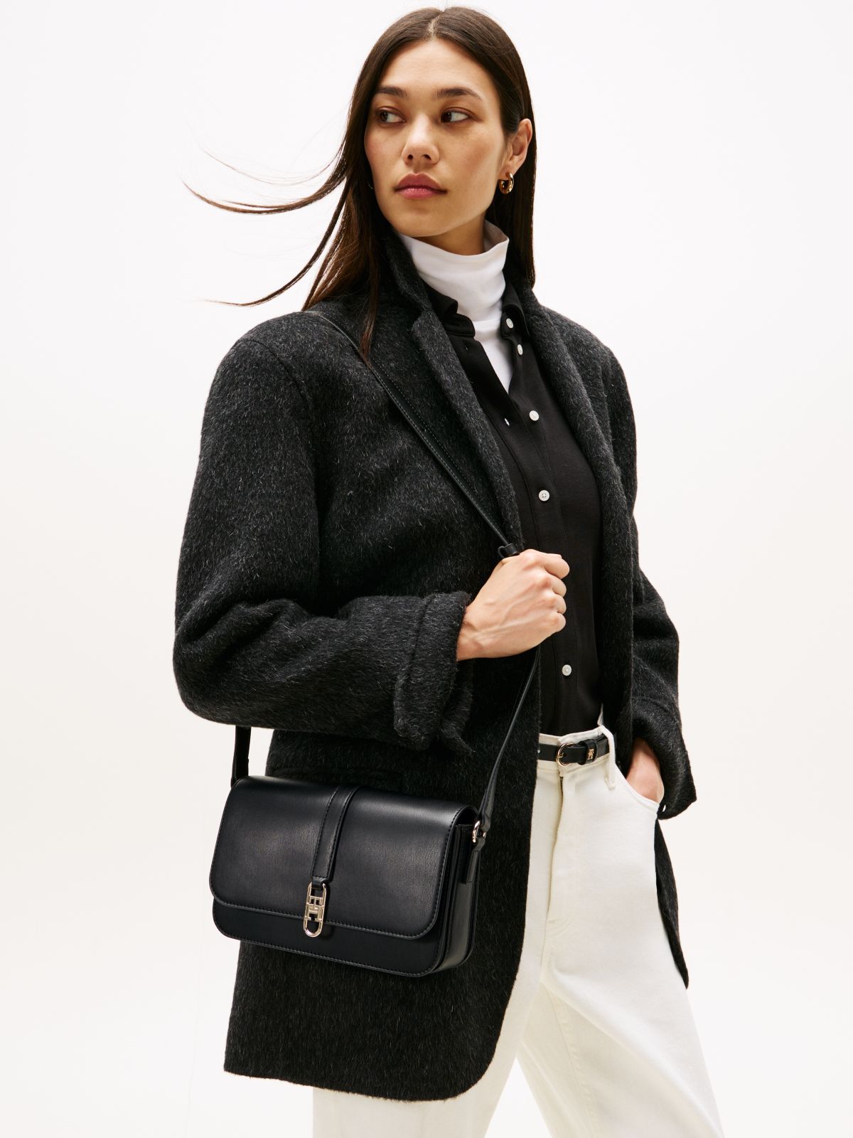 TH Monogram Flap Crossbody Bag — Black