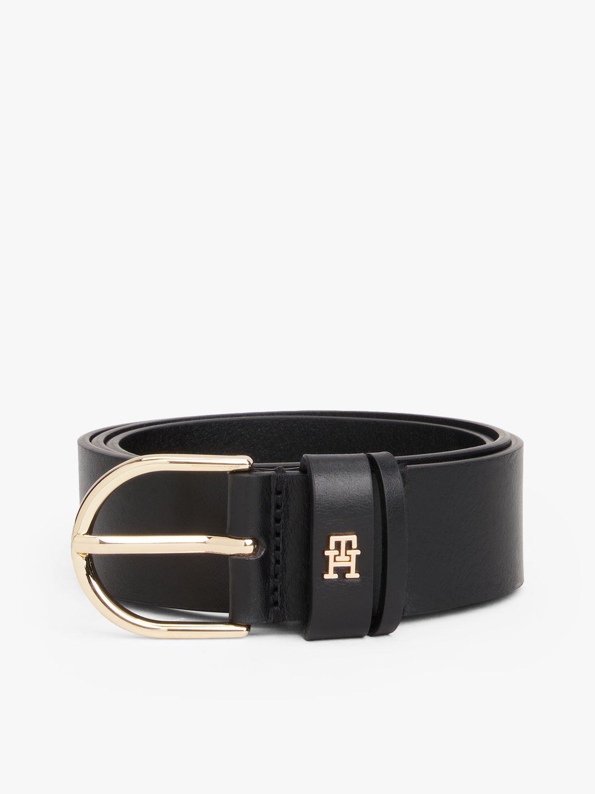 Essential Leather TH Monogram Plaque Belt — Black
