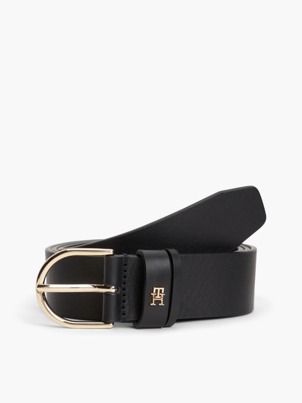 Essential Leather TH Monogram Plaque Belt — Black