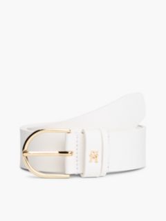Essential Leather TH Monogram Plaque Belt — White 1