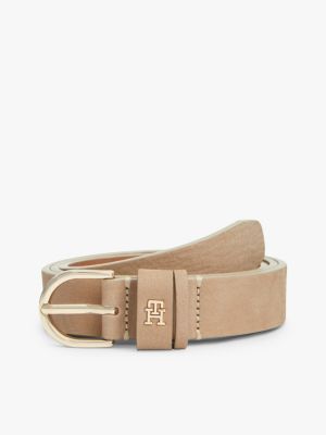 beige essential th monogram leather belt for women tommy hilfiger