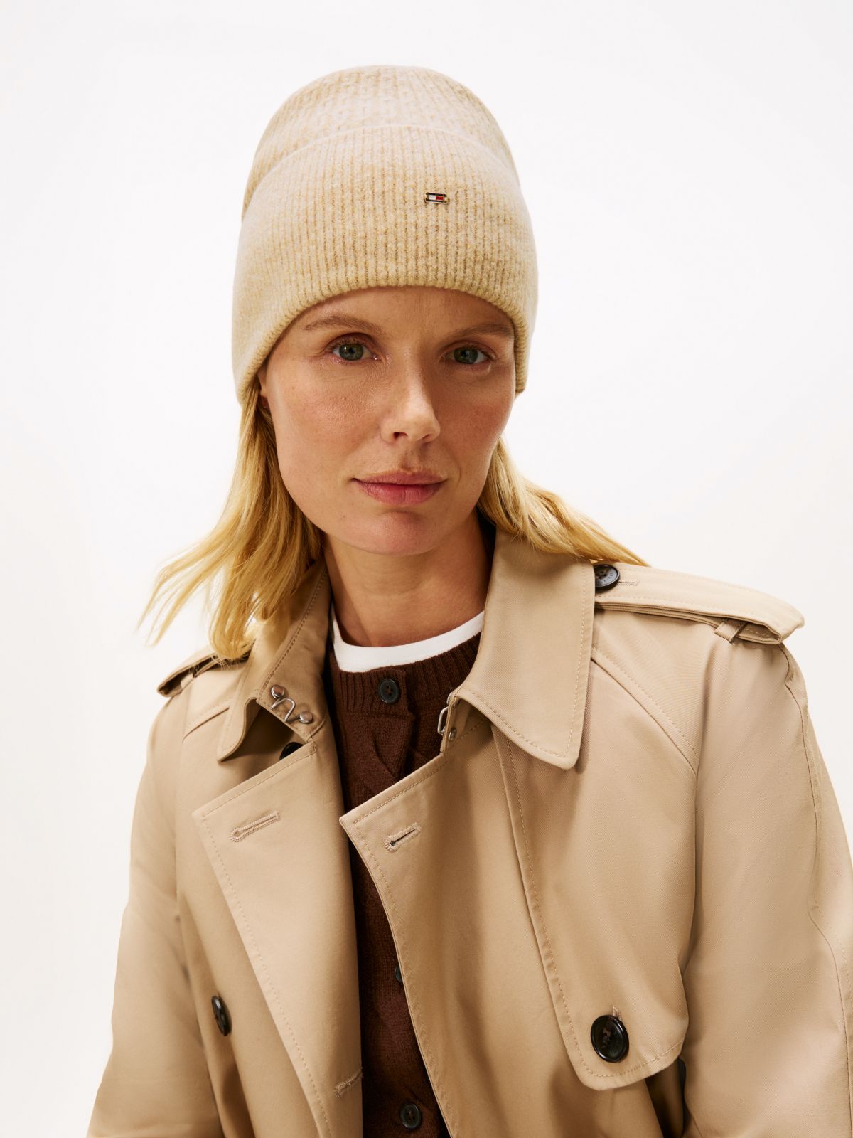 Hilfiger Flag Cable Knit Beanie — Beige