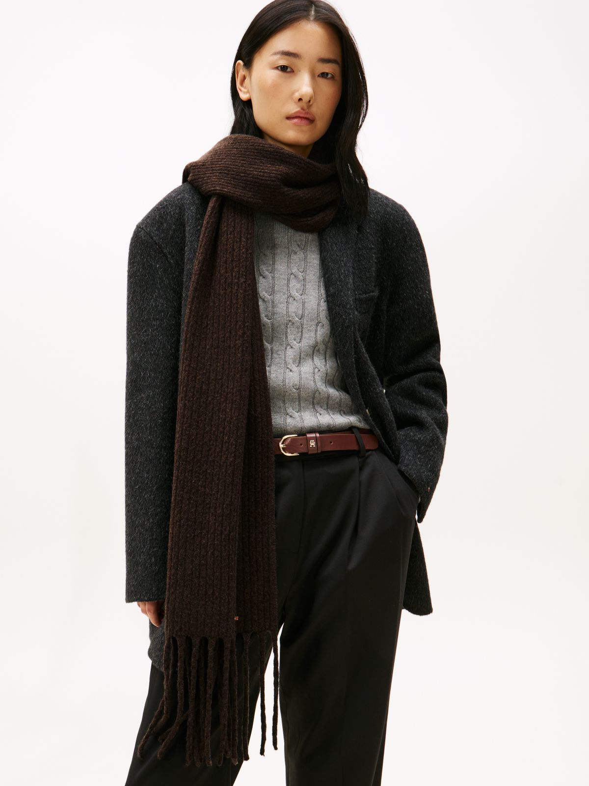 Hilfiger Metal Flag Cable Knit Scarf — Grey