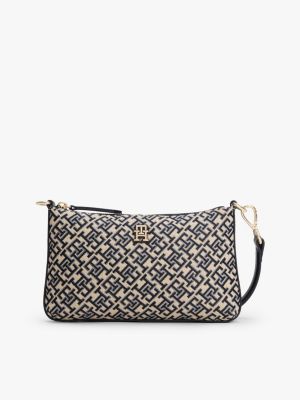 blue th monogram jacquard shoulder pouch bag for women tommy hilfiger